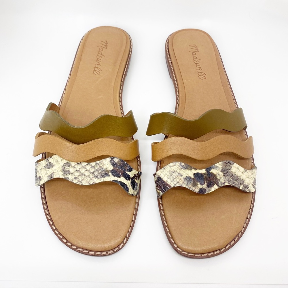 Madewell Olive Green Tan Snake-Print Wavy Slide Sandals